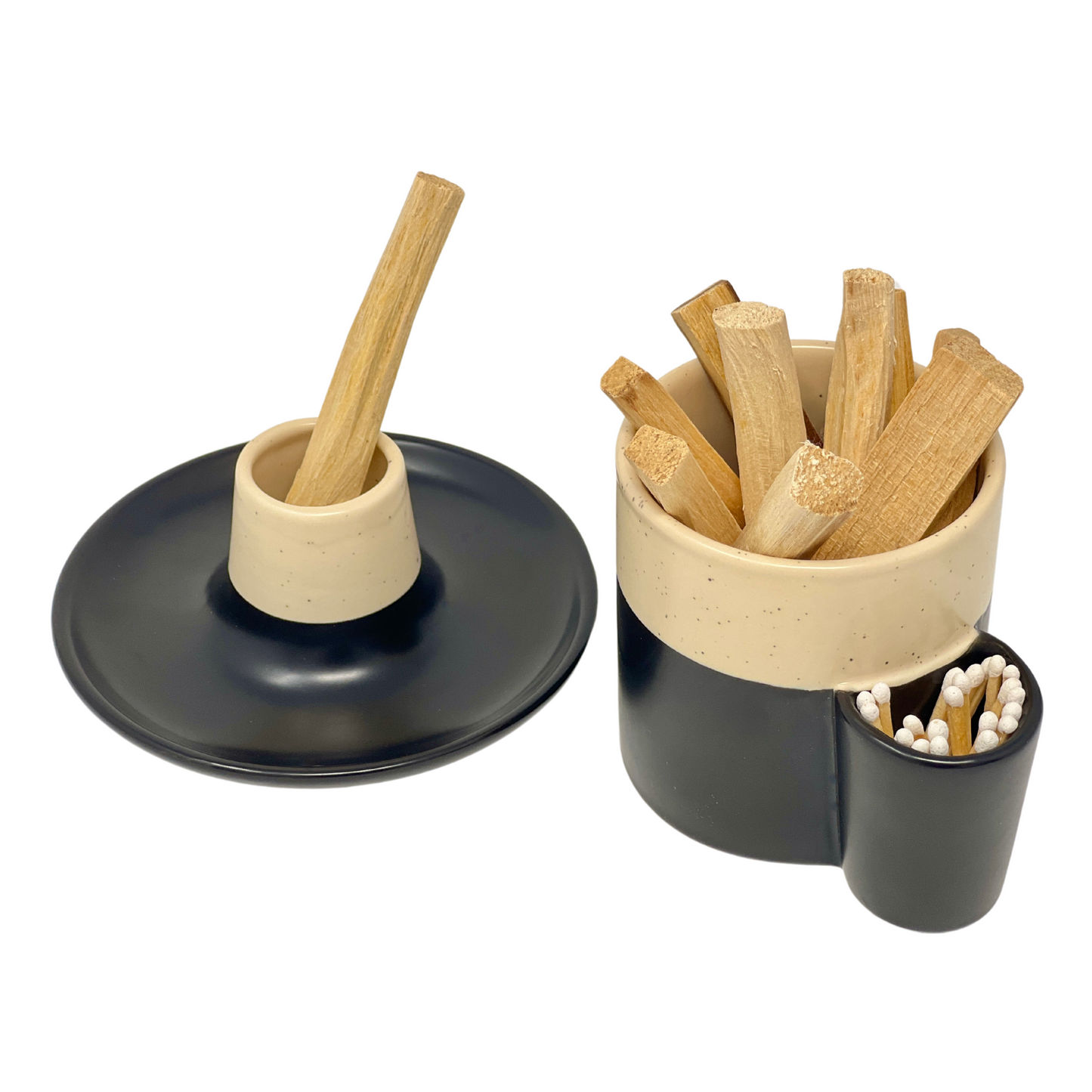 Palo Santo Ceramic Holder that holds matches (Black & Beige)