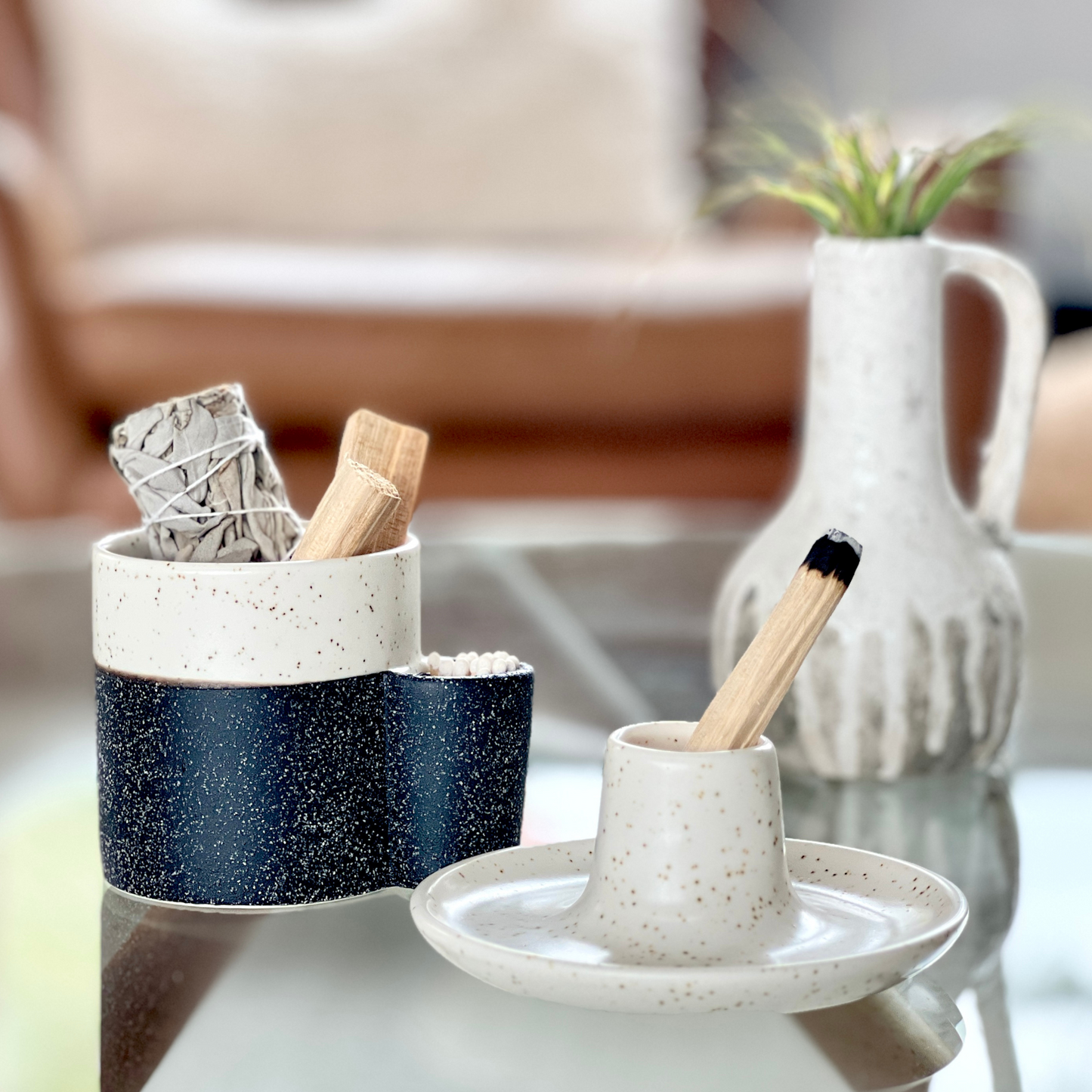 Palo Santo Ceramic Holder that holds matches (Black & Tan) PS-3