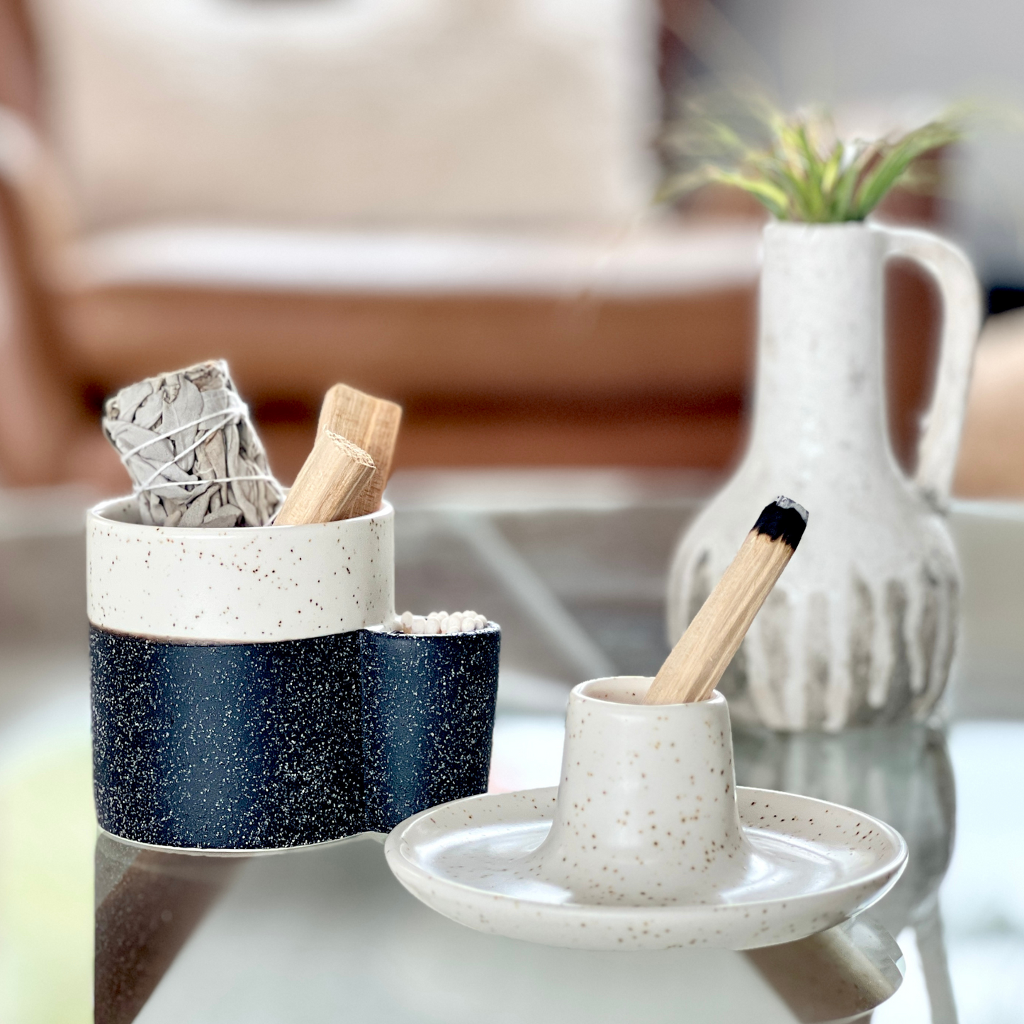 Palo Santo Ceramic Holder that holds matches (Black & Beige)