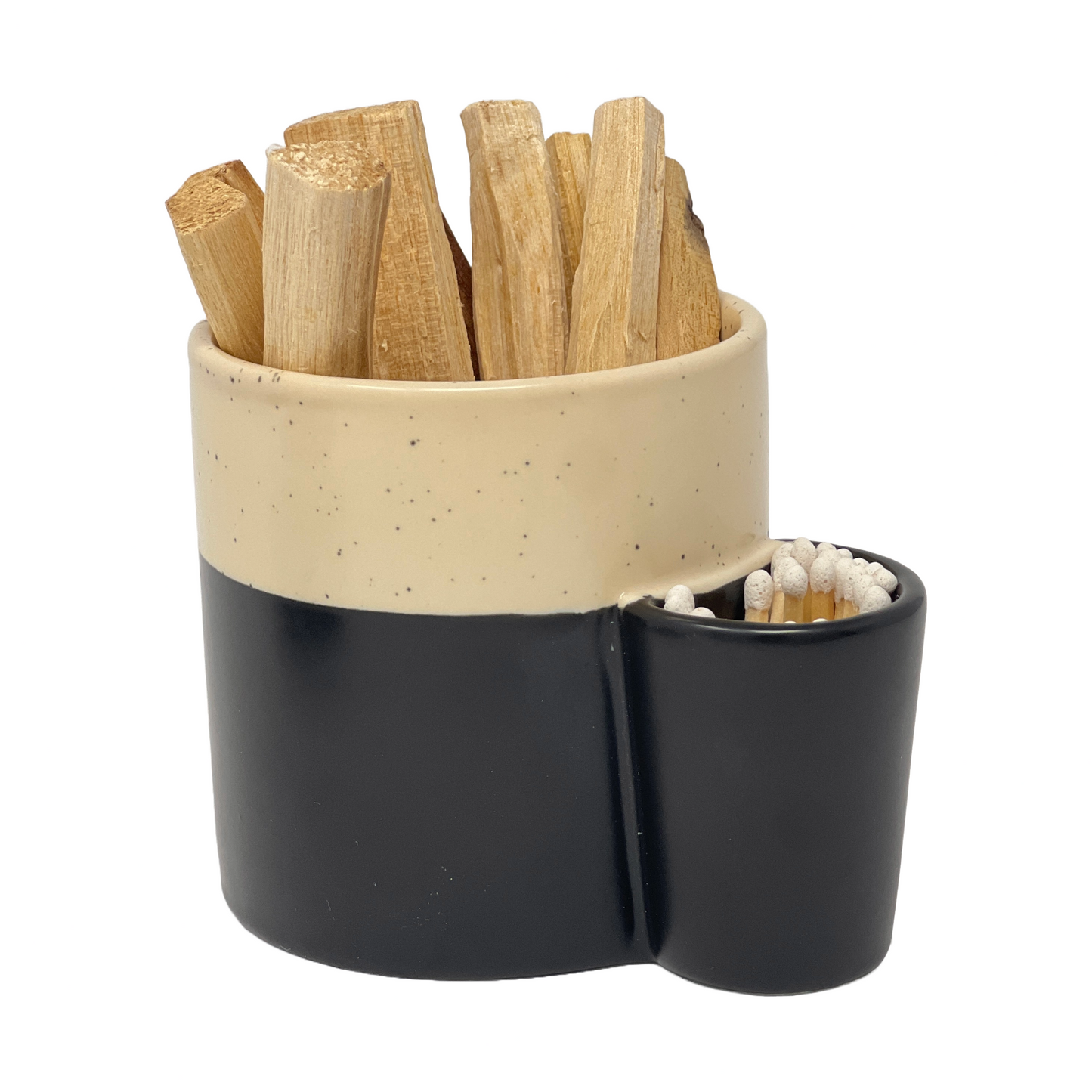 Palo Santo Ceramic Holder that holds matches (Black & Beige)